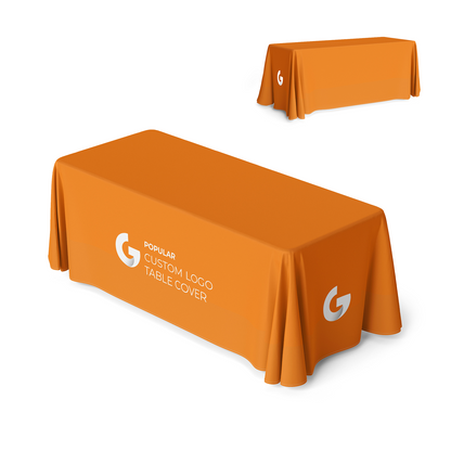 Front view of GoVizly 6ft 4-sided closed-back table cover with full-color dye-sublimated logo printing