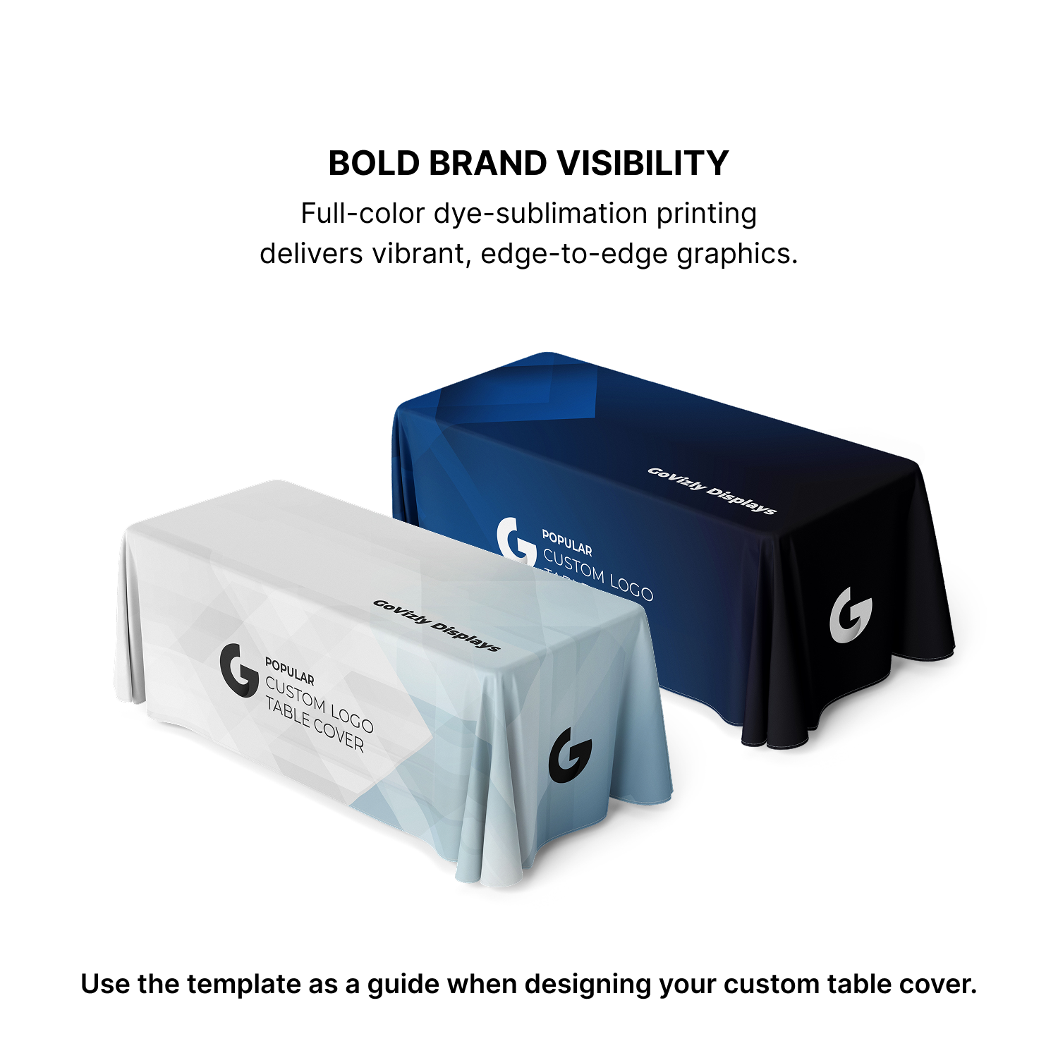 Angled view of GoVizly 6ft open-back custom table cover showing front and side panel drape