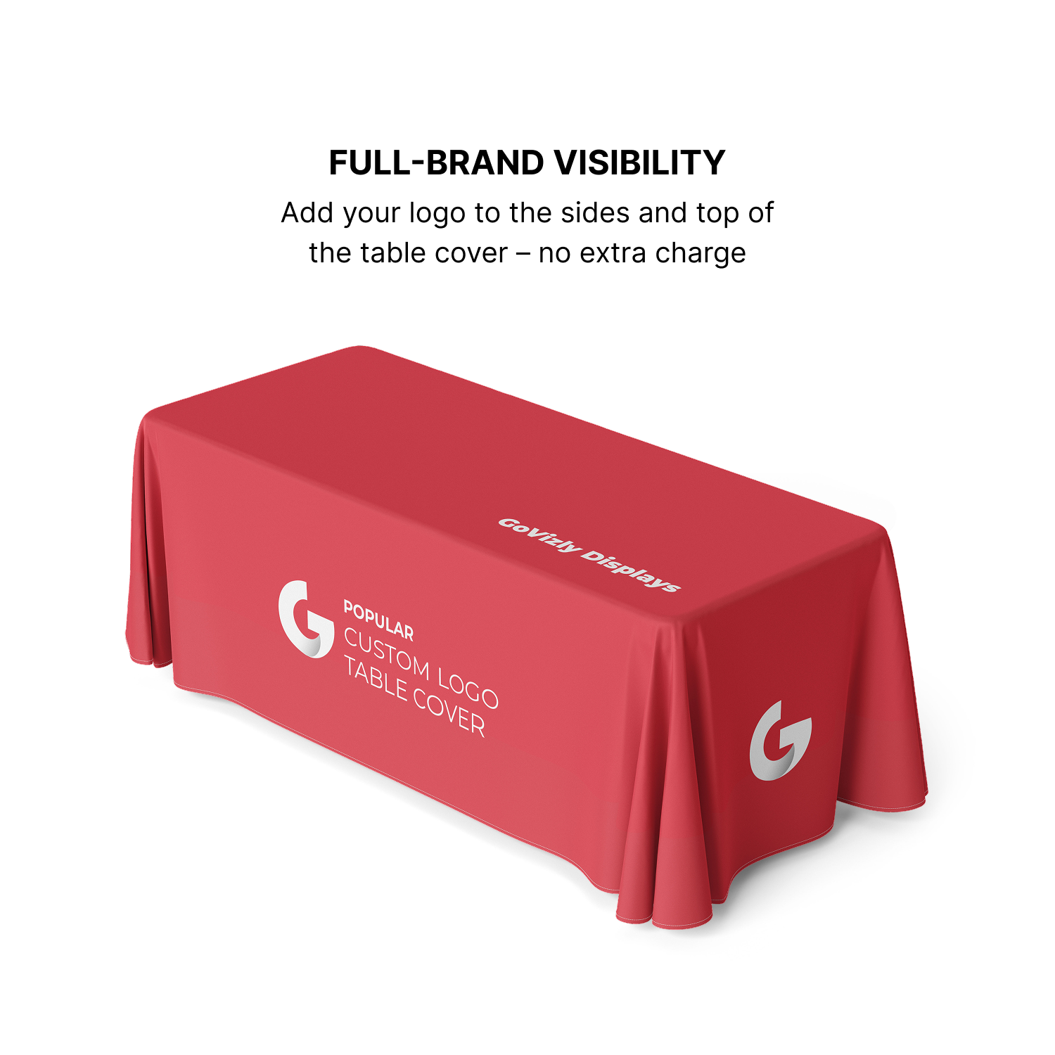 GoVizly 6ft open-back trade show table cover with full-color custom branded graphics shown in a professional booth setup