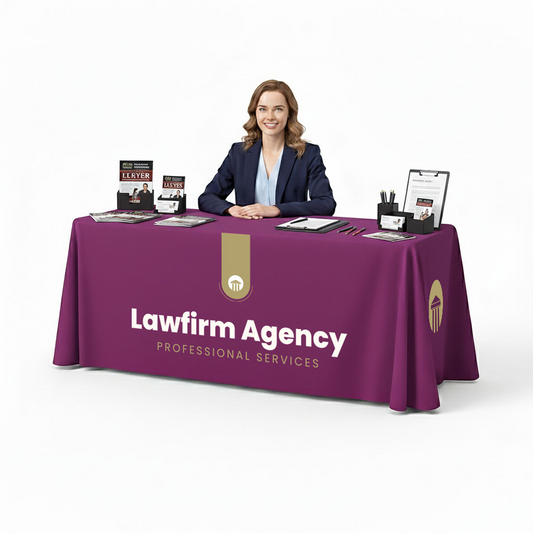 GoVizly 6ft open-back trade show table cover with full-color custom branded graphics shown in a professional booth setup