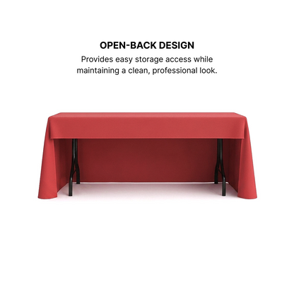 Front and open-back view of GoVizly 6ft custom table cover showing 3-sided drape and open rear panel