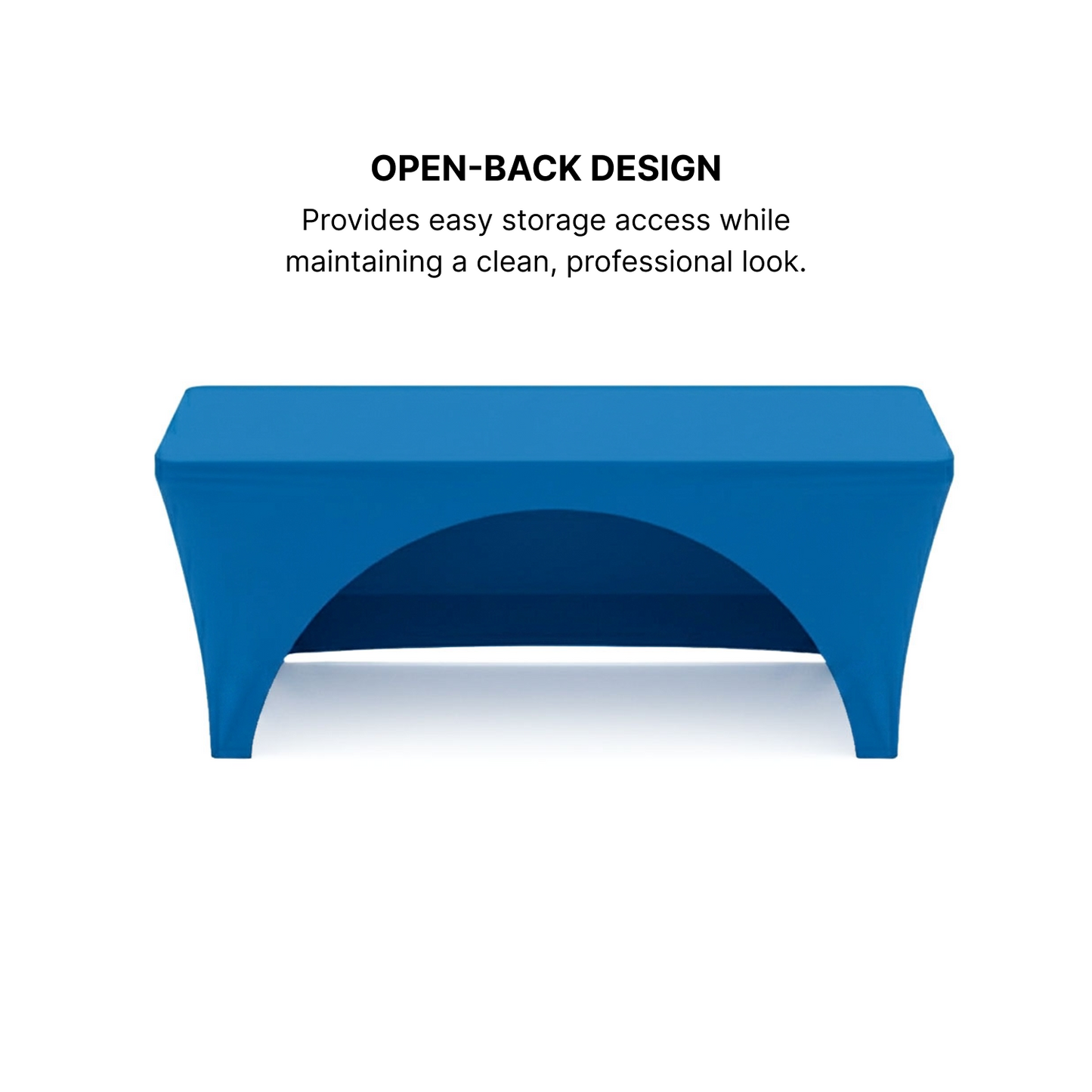 Angled view of GoVizly 6ft stretch fitted table cover showing form-fitting tension fabric and open-back high arch design