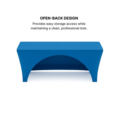 Angled view of GoVizly 6ft stretch fitted table cover showing form-fitting tension fabric and open-back high arch design