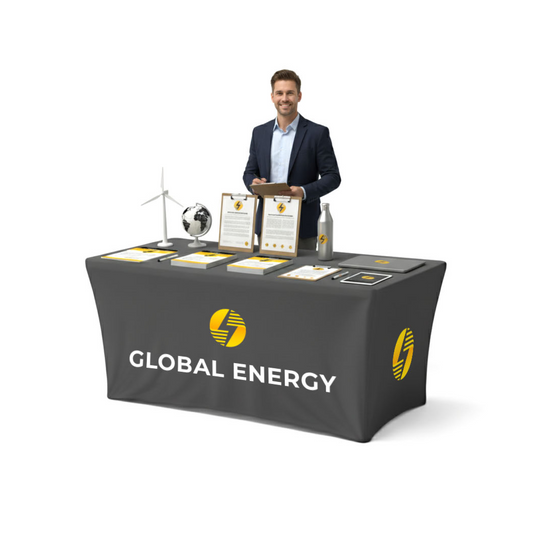 GoVizly 6ft stretch fitted table cover with full-color custom branded graphics shown in a professional booth setup