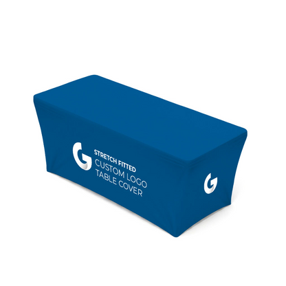 Front view of GoVizly 6ft stretch fitted table cover with full-color dye-sublimated logo printing