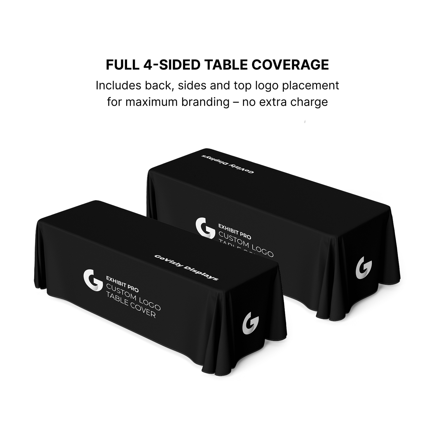 Angled view of GoVizly 8ft 4-sided closed-back custom table cover showing floor-length drape on front and side panels