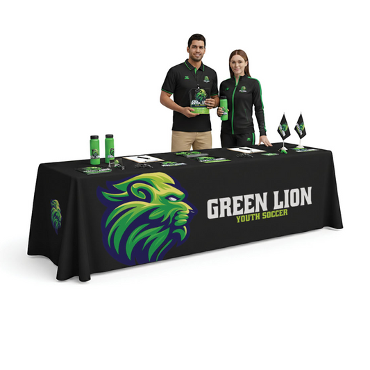 GoVizly 8ft 4-sided closed-back trade show table cover with full-color custom branded graphics shown in a professional booth setup