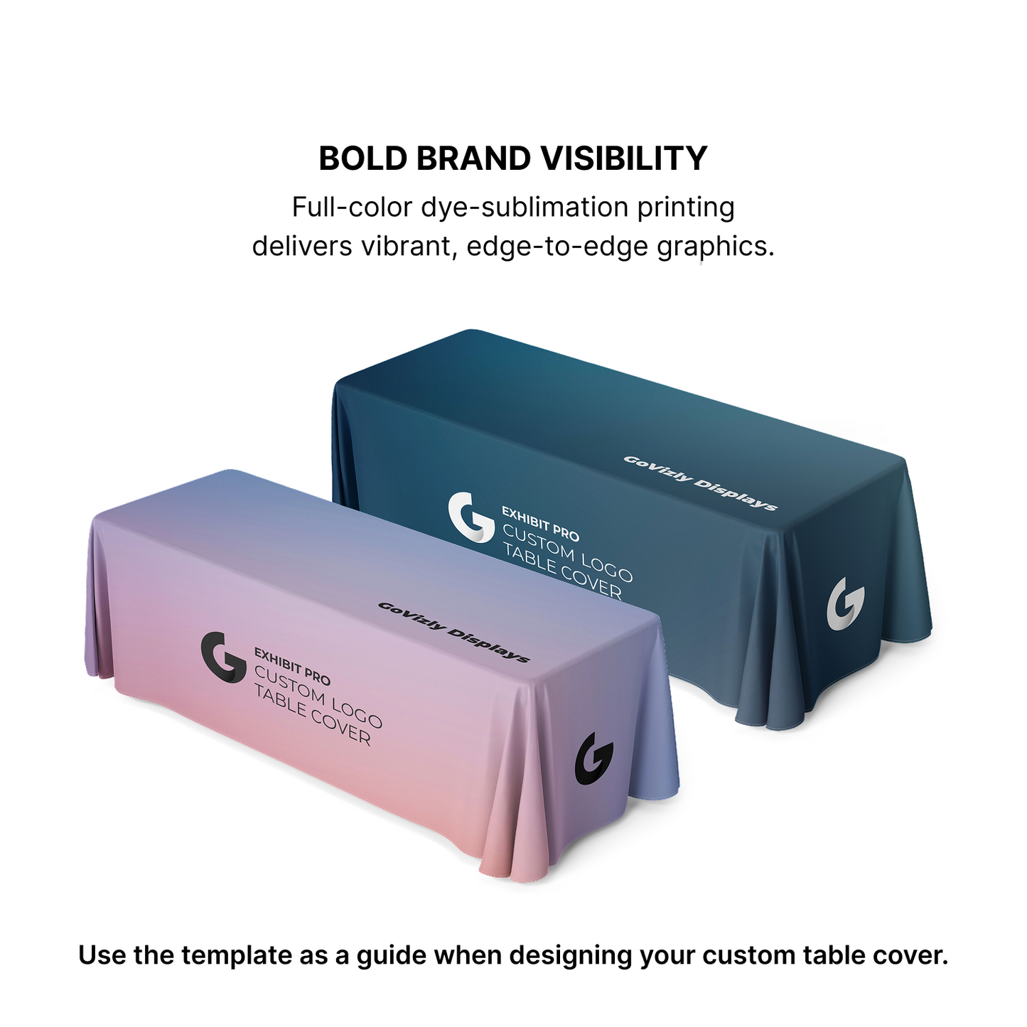 Front and back view of GoVizly 8ft 4-sided closed-back custom table cover showing full floor-length coverage on all sides