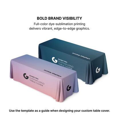 Front and back view of GoVizly 8ft 4-sided closed-back custom table cover showing full floor-length coverage on all sides