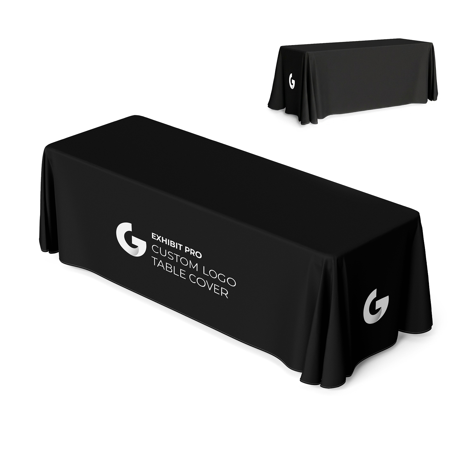 Front view of GoVizly 8ft 4-sided closed-back table cover with full-color dye-sublimated logo printing