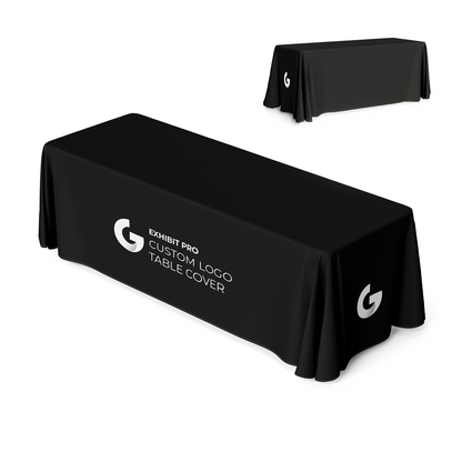 Front view of GoVizly 8ft 4-sided closed-back table cover with full-color dye-sublimated logo printing