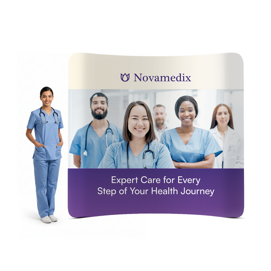 GoVizly 8ft essential curved tension fabric display shown at scale with a professional model for retail environments and corporate event spaces.