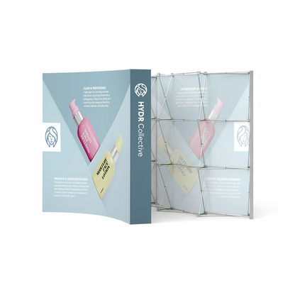GoVizly 8ft curved pop-up display 1-sided print shown alongside back view of accordion frame