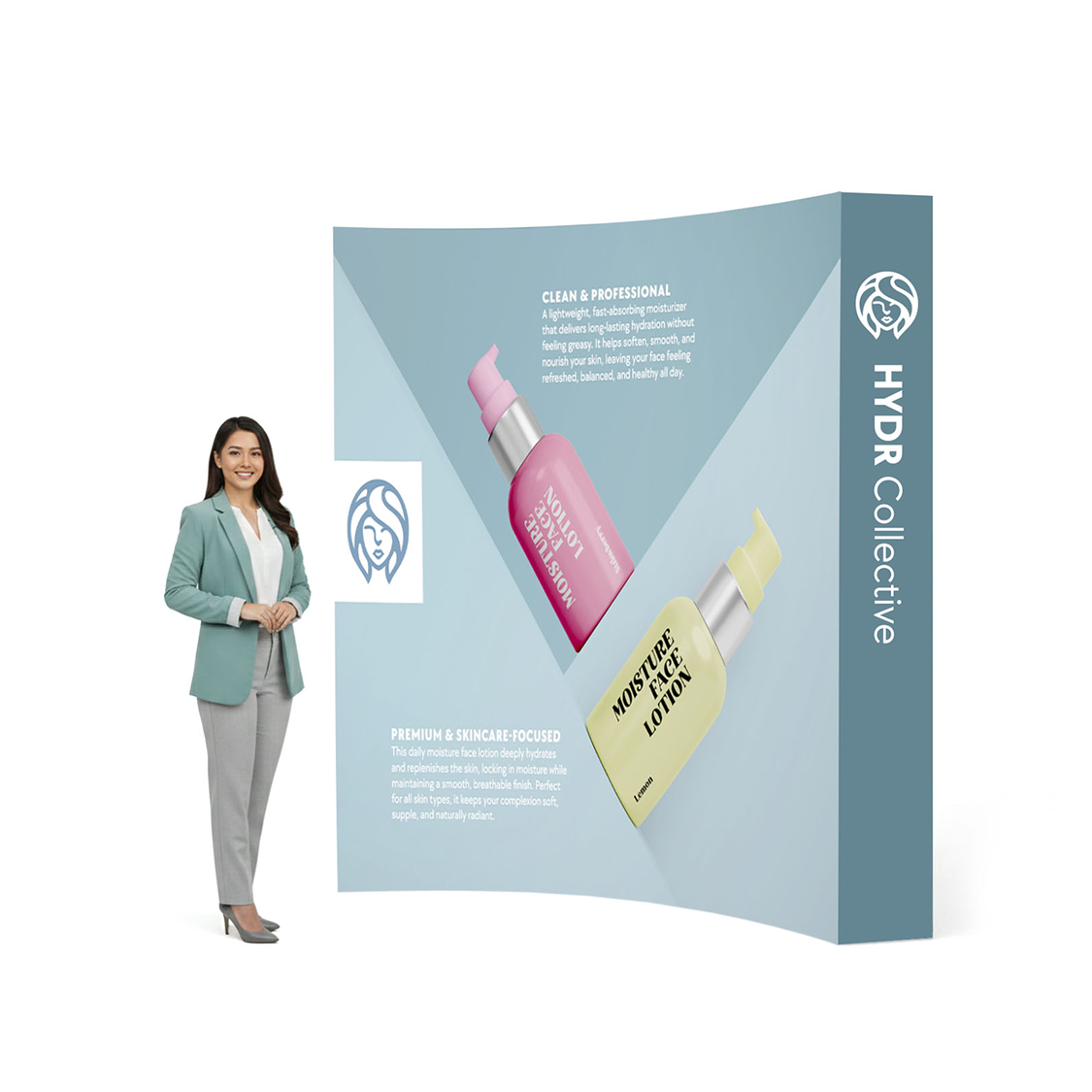 GoVizly 8ft curved pop-up display complete booth setup with model at trade show