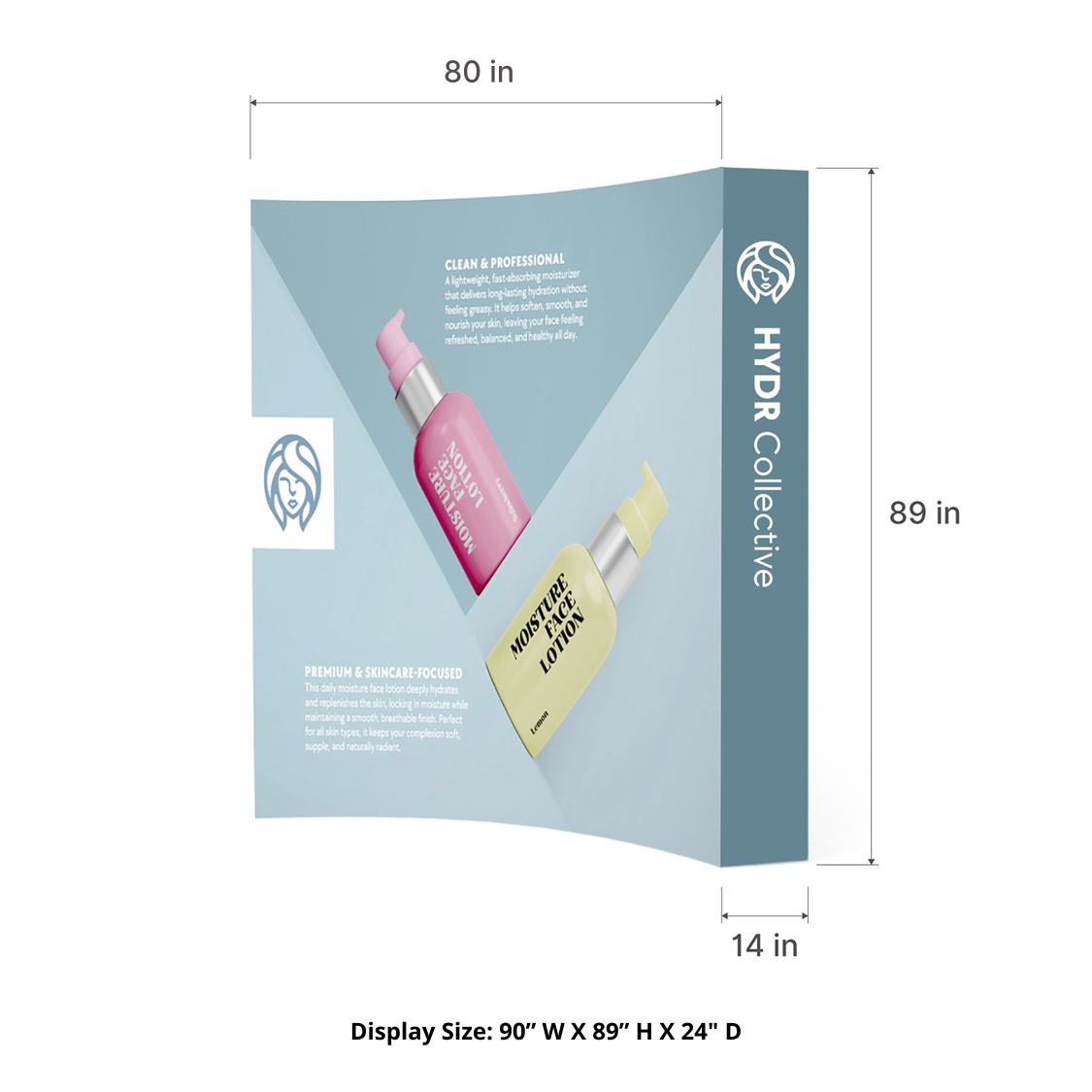 GoVizly 8ft curved pop-up display dimensions diagram 90 inches wide by 89 inches tall