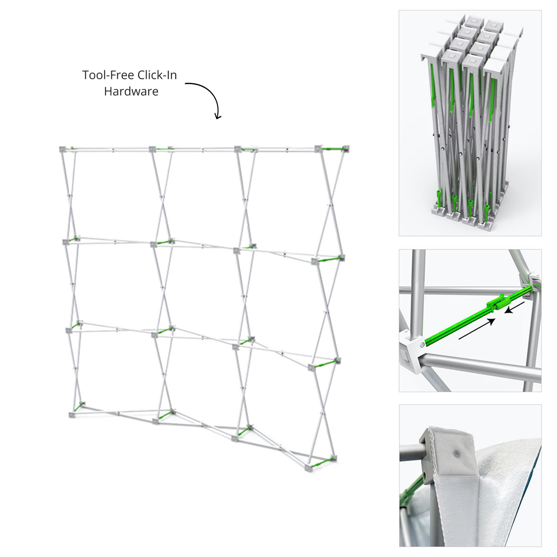 GoVizly 8ft curved pop-up display accordion frame hardware detail showing expanded curved structure