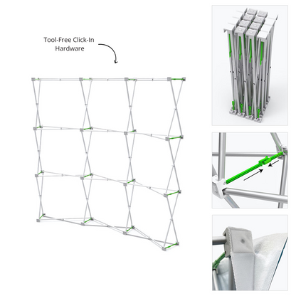 GoVizly 8ft curved pop-up display accordion frame hardware detail showing expanded curved structure
