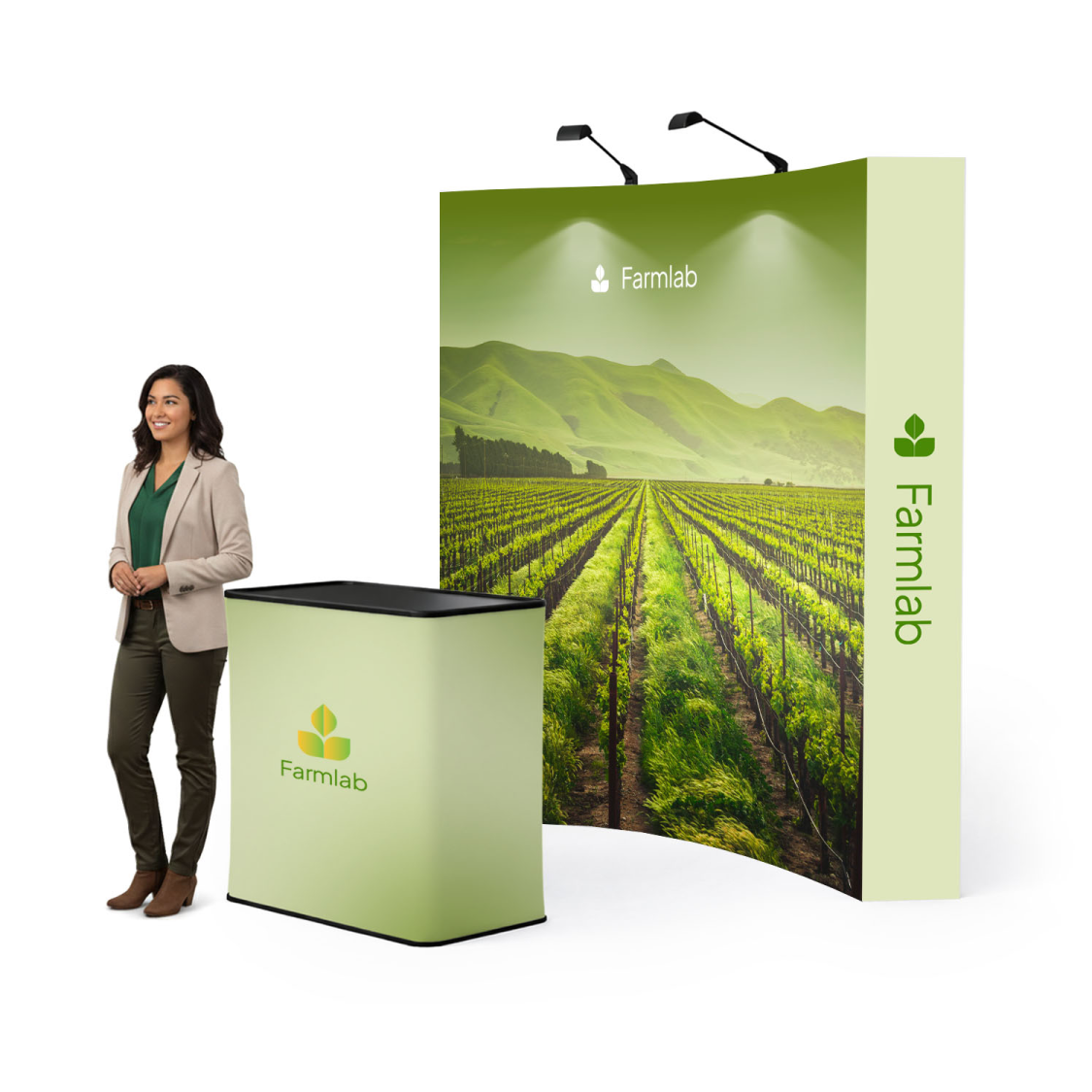GoVizly 8ft curved pop-up display with LED and podium complete booth setup with model at trade show