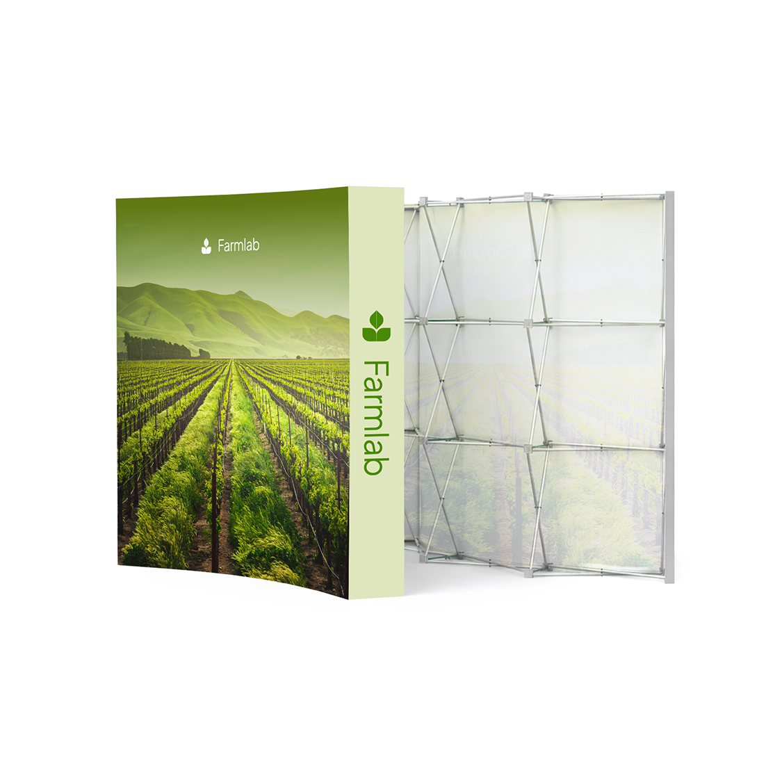 GoVizly 8ft curved pop-up display with LED and podium front and back view showing accordion frame structure