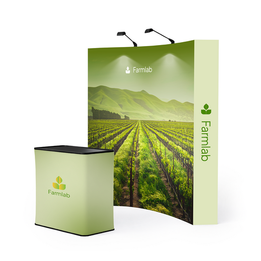GoVizly 8ft curved pop-up display with LED and podium front view showing full-width curved velcro graphic