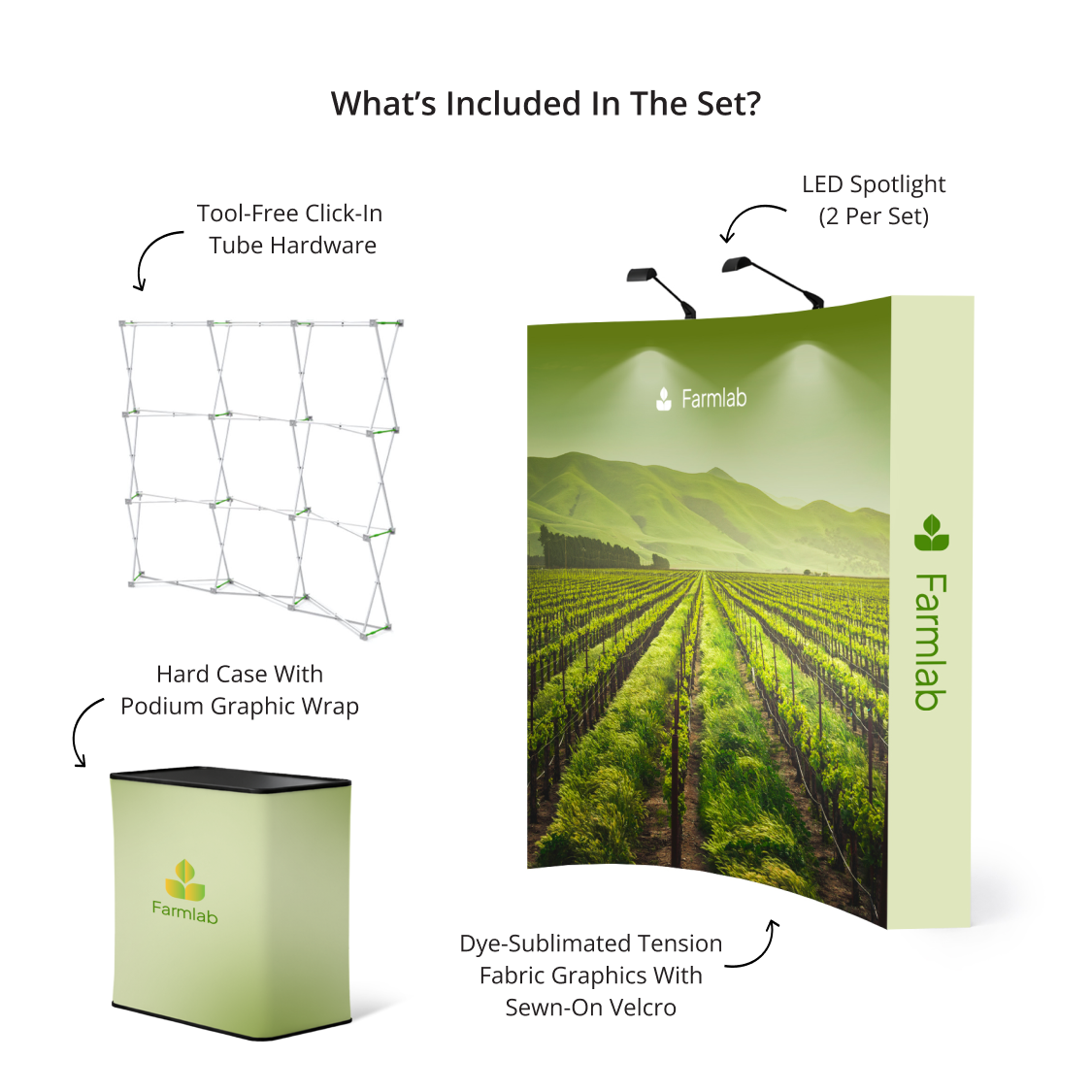 GoVizly 8ft curved pop-up display with LED and podium kit contents showing all included components