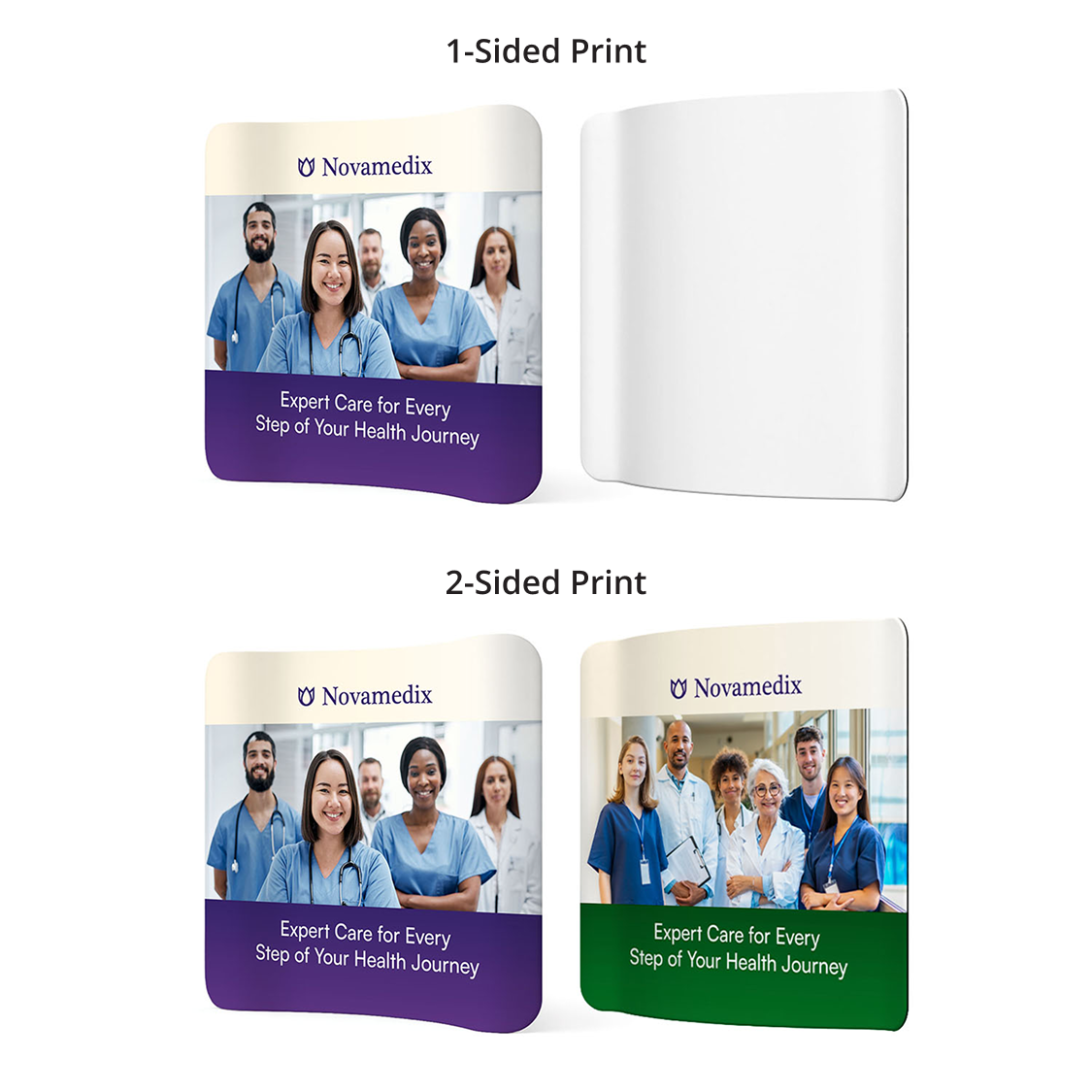 GoVizly 8ft curved tension fabric display showing 1-sided and 2-sided print options side by side