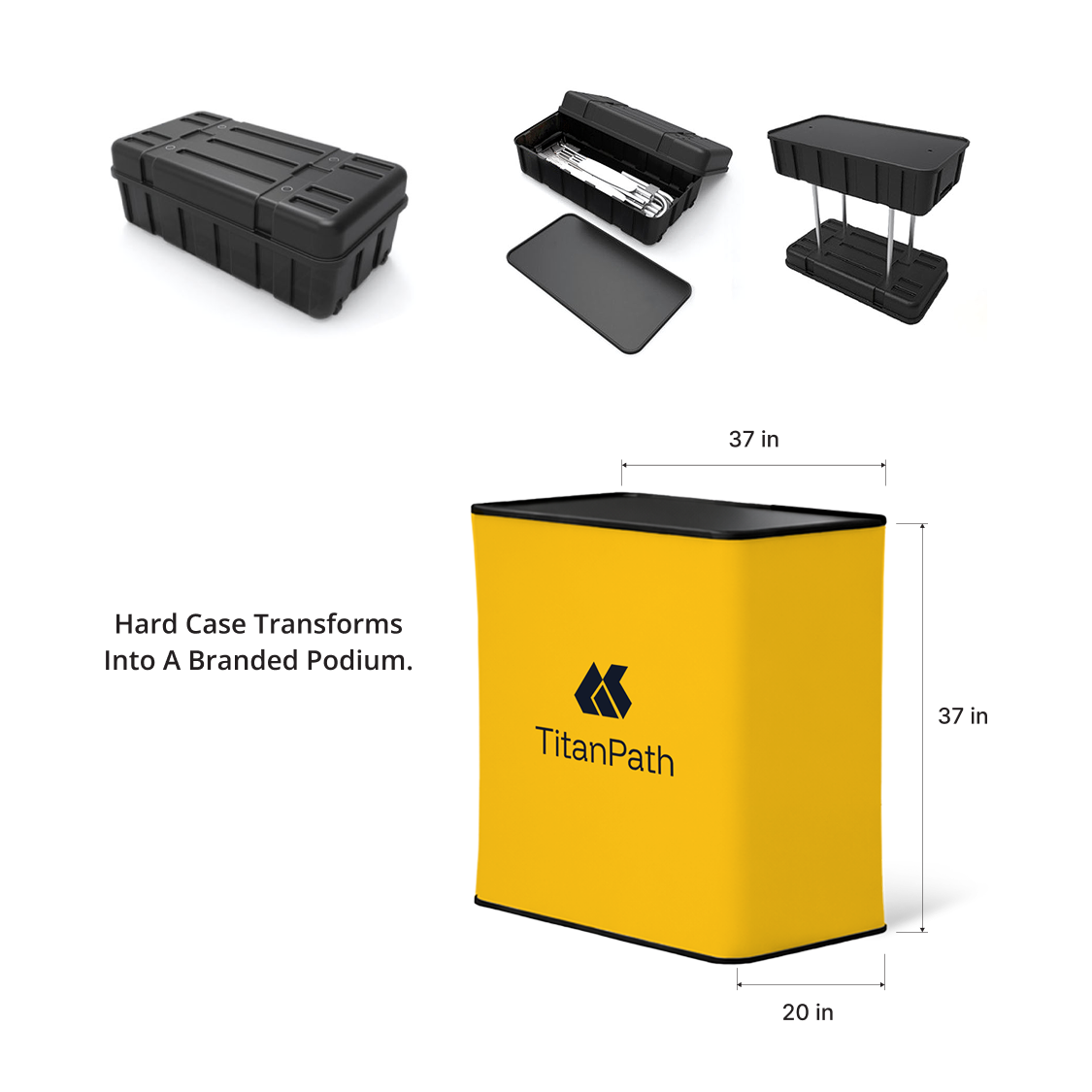 GoVizly 8ft curved tension fabric display hard case converted to branded podium with custom graphic wrap