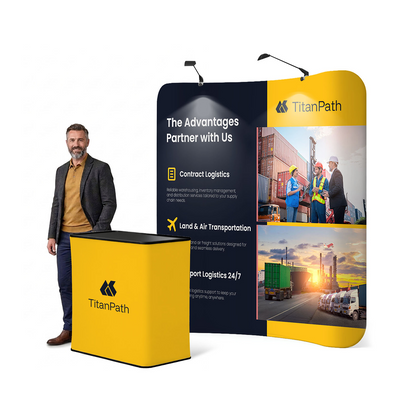 GoVizly 8ft curved tension fabric display with LED and podium complete booth setup with model at trade show