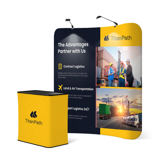 GoVizly 8ft curved tension fabric display with LED and podium complete booth setup showing full exhibit