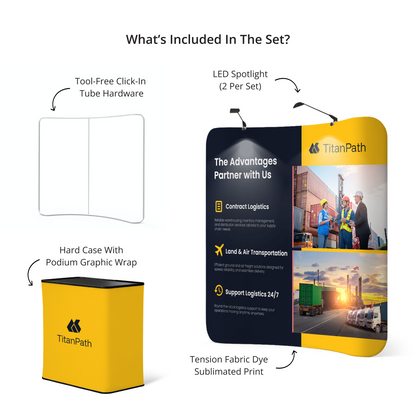 GoVizly 8ft curved tension fabric display with LED and podium kit contents showing all included components