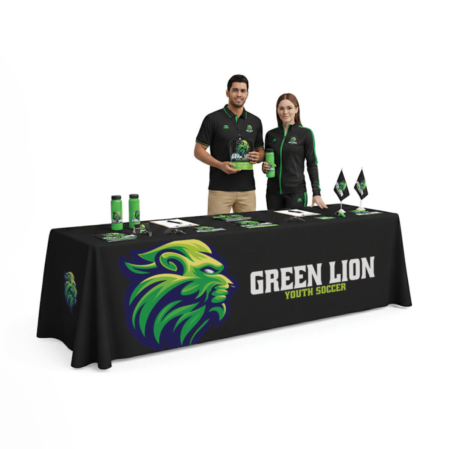 A GoVizly 8ft custom branded table cover with a vibrant lion logo, used by staff at an indoor sports expo for professional business marketing.