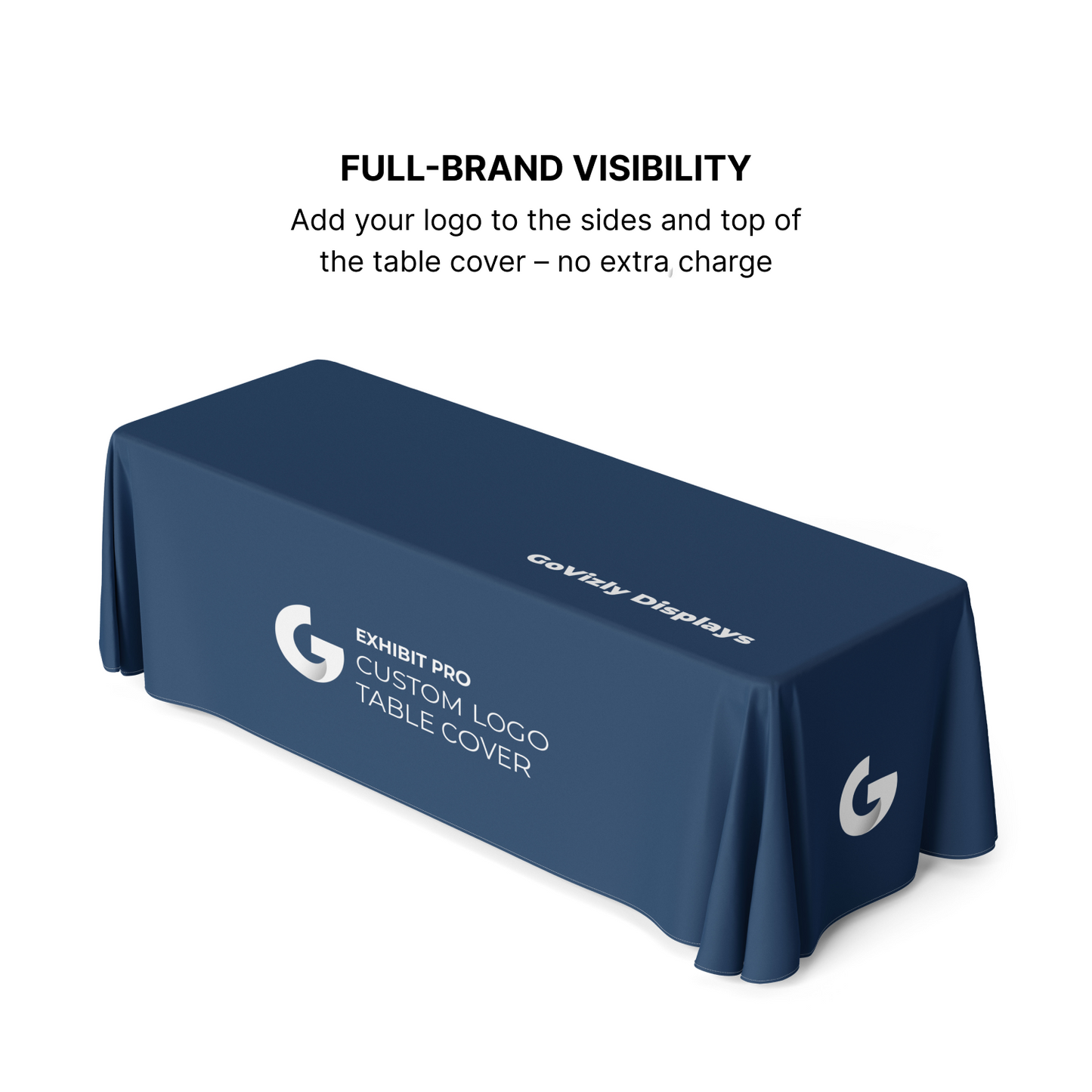 Angled view of GoVizly 8ft open-back custom table cover showing front and side panel drape