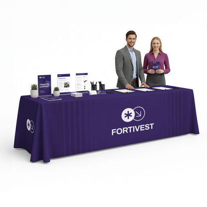 GoVizly 8ft open-back trade show table cover with full-color custom branded graphics shown in a professional booth setup