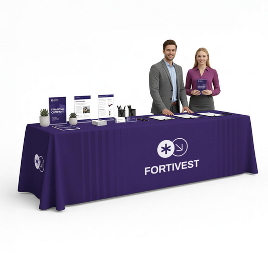 GoVizly 8ft open-back trade show table cover with full-color custom branded graphics shown in a professional booth setup
