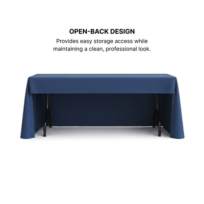 Front and open-back view of GoVizly 8ft custom table cover showing 3-sided drape and open rear panel