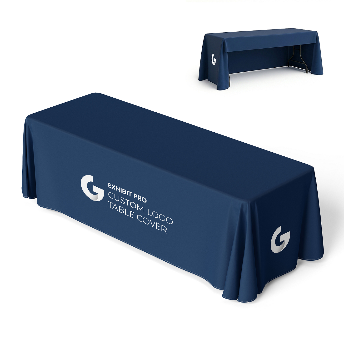Front view of GoVizly 8ft open-back table cover with full-color dye-sublimated logo printing