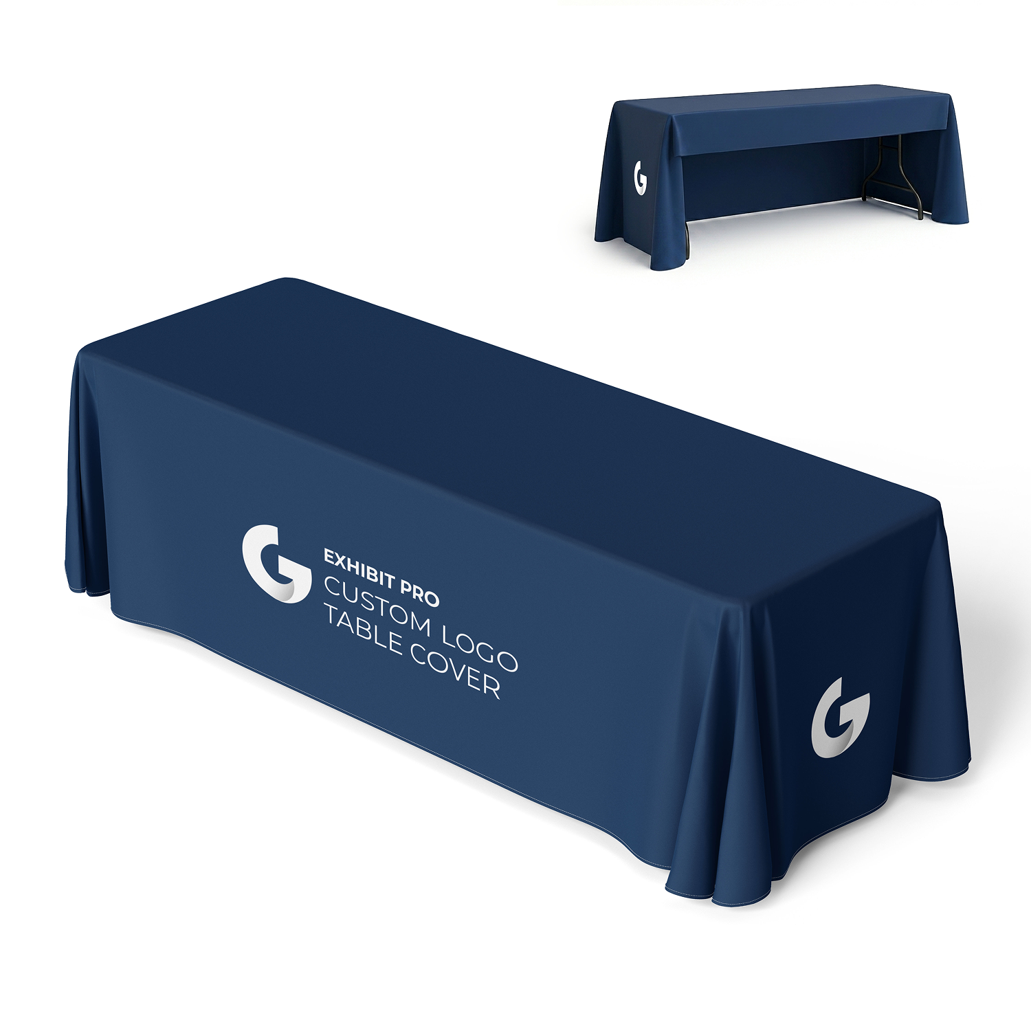 Front view of GoVizly 8ft open-back table cover with full-color dye-sublimated logo printing