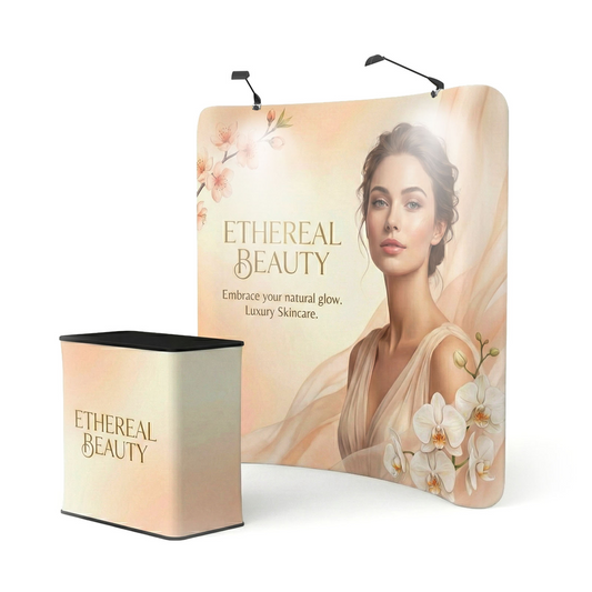 Angled front view of a GoVizly 8ft PRO Curved Tension Fabric Display with a matching branded podium for professional expo business marketing.