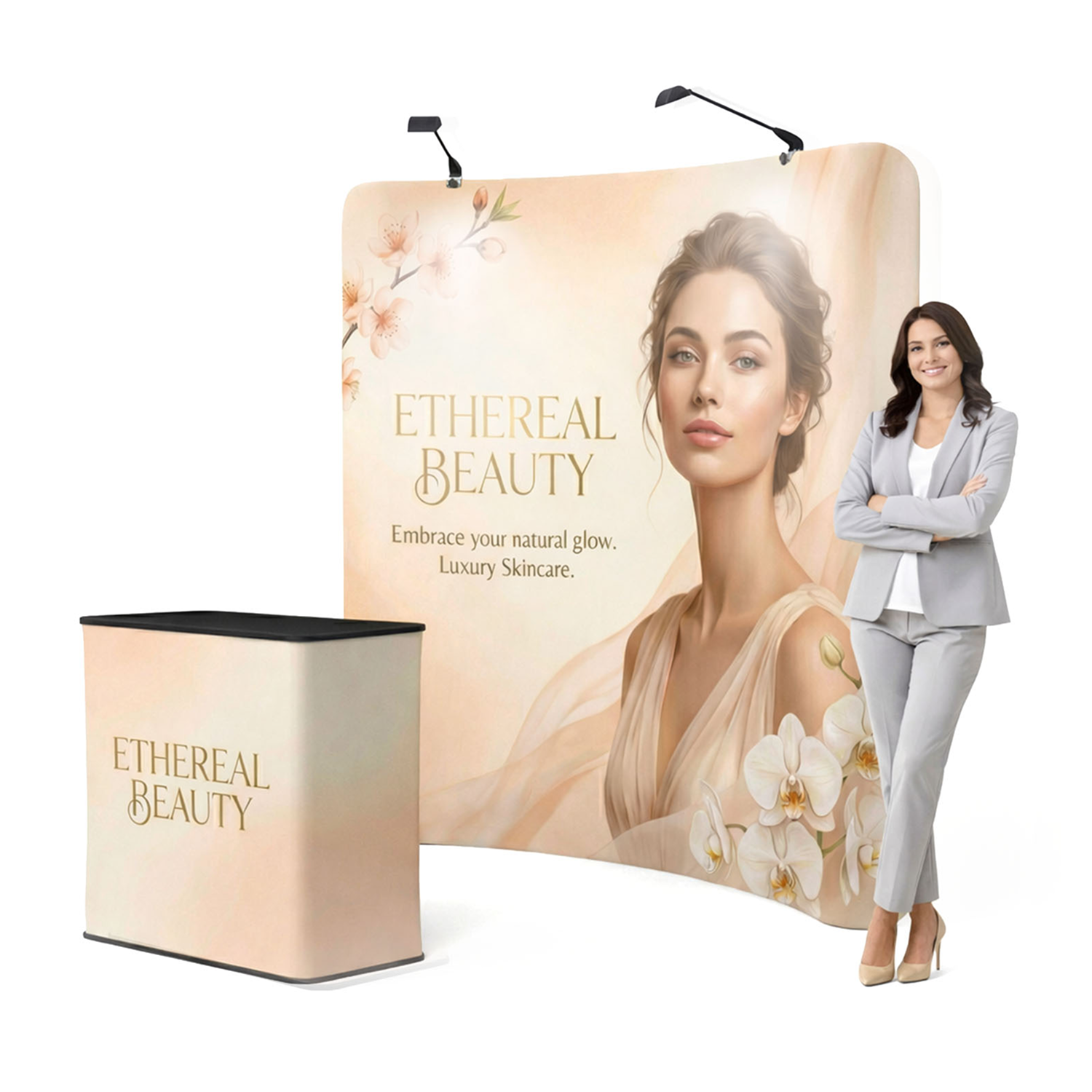 Professional marketing exhibit featuring the GoVizly 8ft PRO Curved Tension Fabric Display scaled next to a model for retail environment planning.