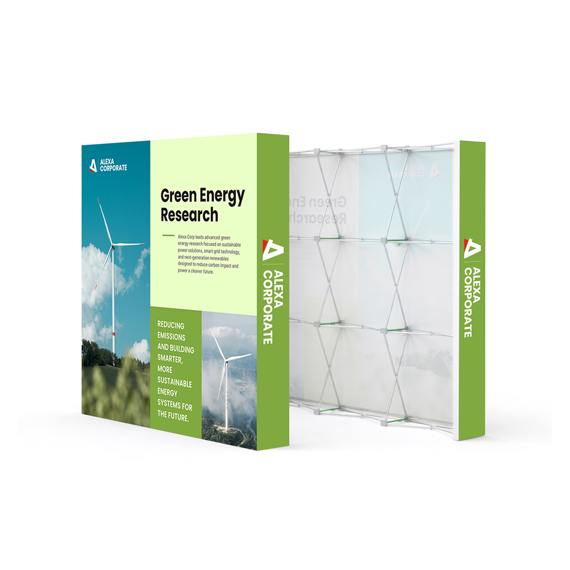 GoVizly 8ft straight pop-up display showing front graphic and back of accordion frame side by side