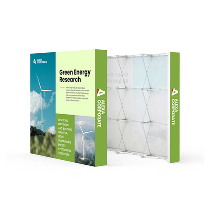 GoVizly 8ft straight pop-up display showing front graphic and back of accordion frame side by side