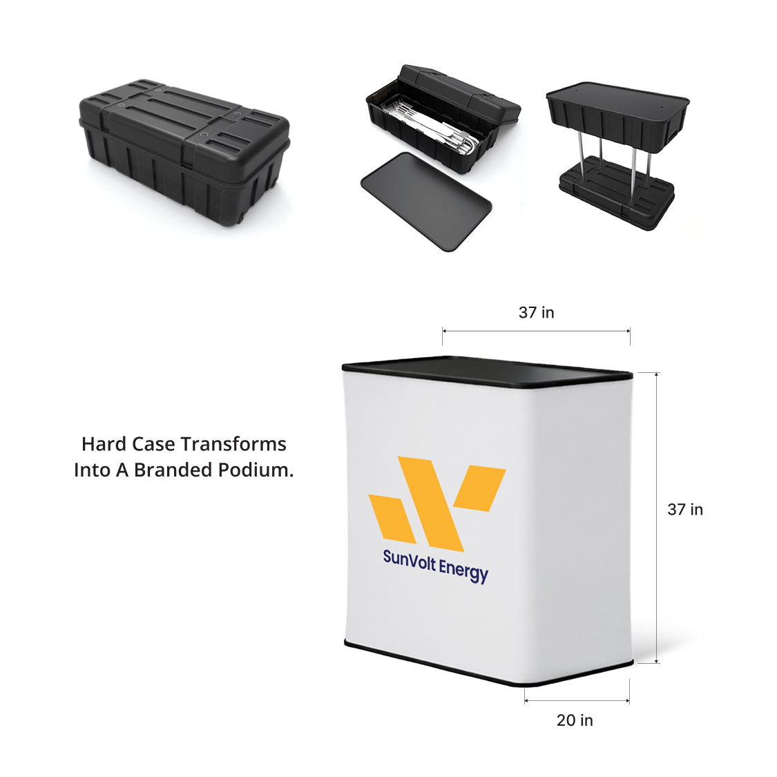 GoVizly 8ft straight pop-up display hard case converted to branded podium with custom graphic wrap