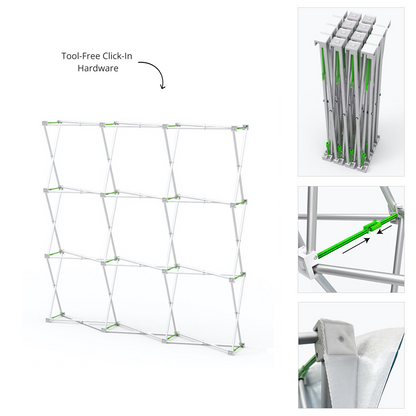 GoVizly 8ft straight pop-up display accordion frame hardware detail showing expanded structure