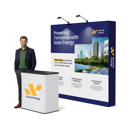 GoVizly 8ft straight pop-up display with LED and podium complete booth setup with model at trade show