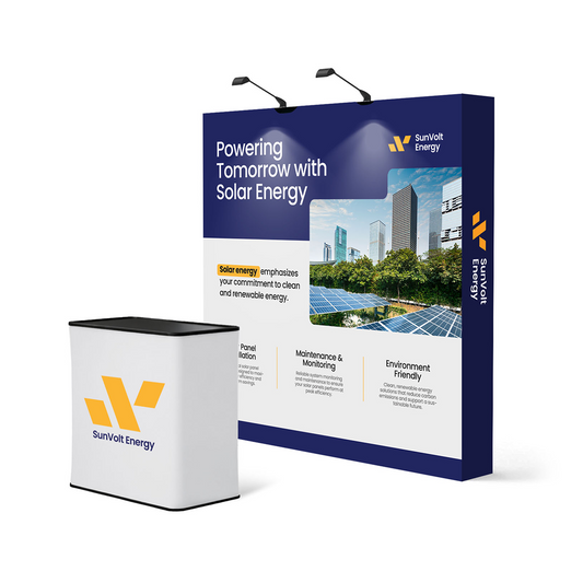 GoVizly 8ft straight pop-up display with LED and podium complete exhibit setup full view