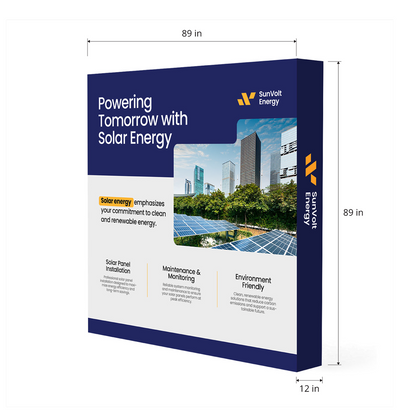 GoVizly 8ft straight pop-up display with LED and podium dimensions diagram 89 inches wide by 89 inches tall