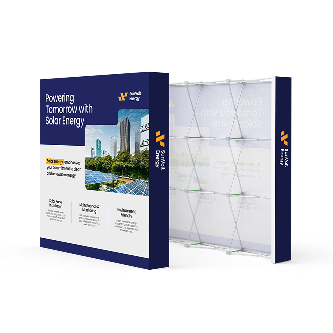 GoVizly 8ft straight pop-up display with LED and podium front and back view showing accordion frame structure