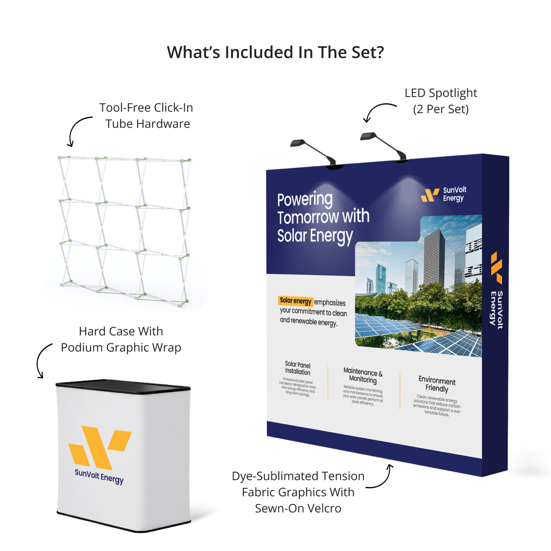 GoVizly 8ft straight pop-up display with LED and podium kit contents showing all included components