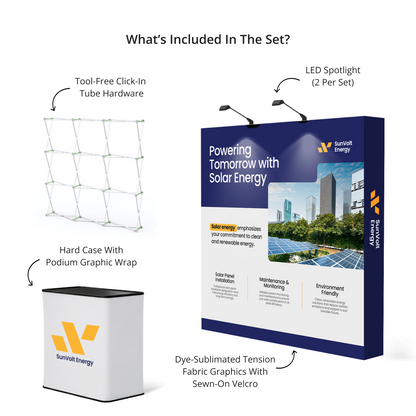 GoVizly 8ft straight pop-up display with LED and podium kit contents showing all included components
