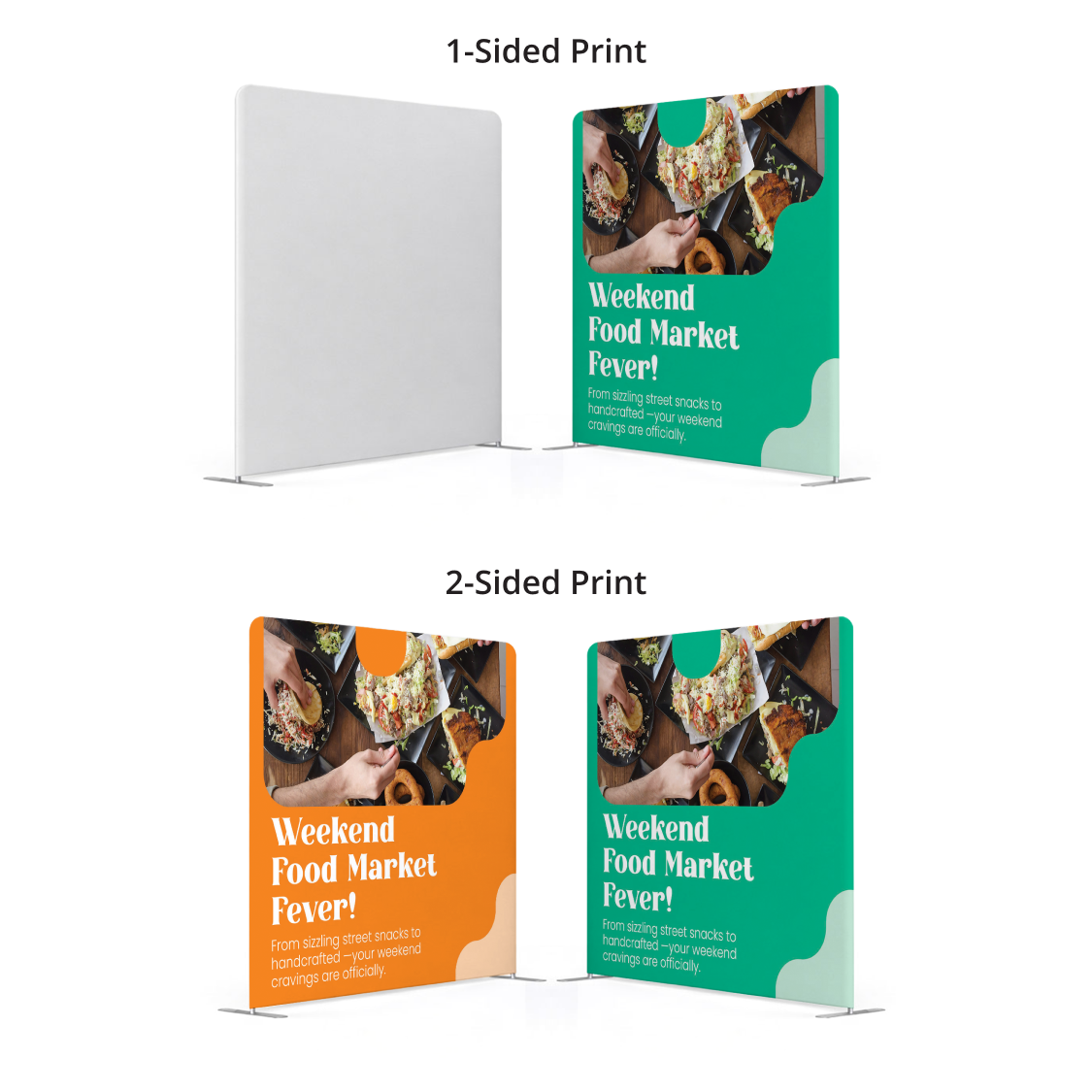 GoVizly 8ft straight tension fabric display showing 1-sided and 2-sided print options side by side